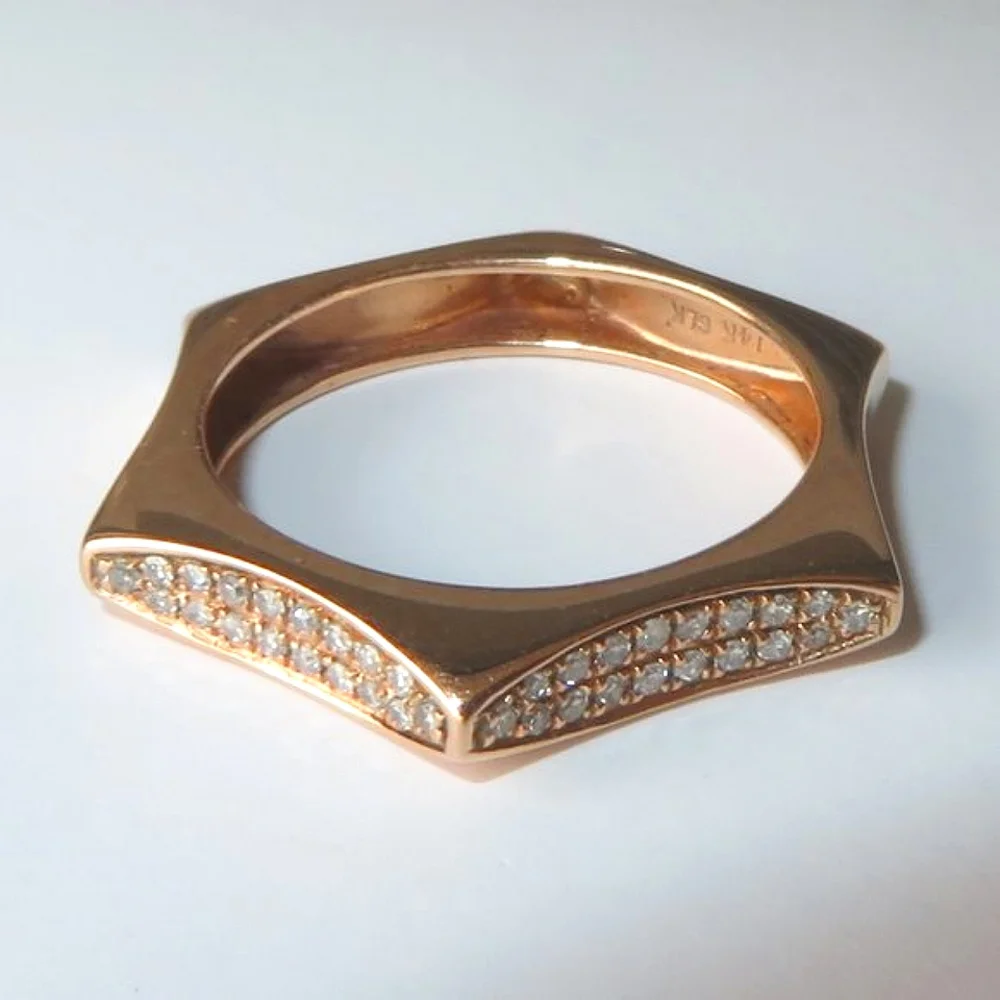 Solid 14K Rose Gold Diamonds Hexagon Ring